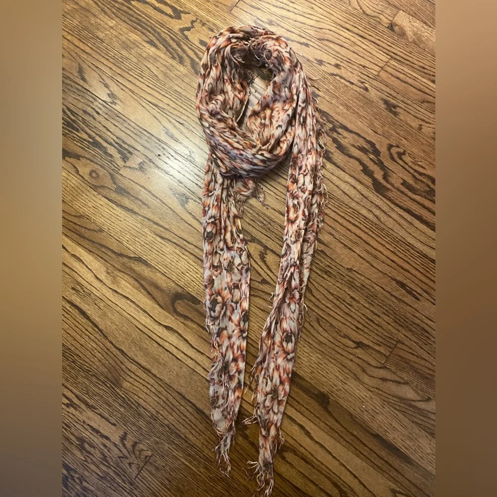 Chan Luu Peonies Print Lightweight Scarf in Cream, Brown & Orange